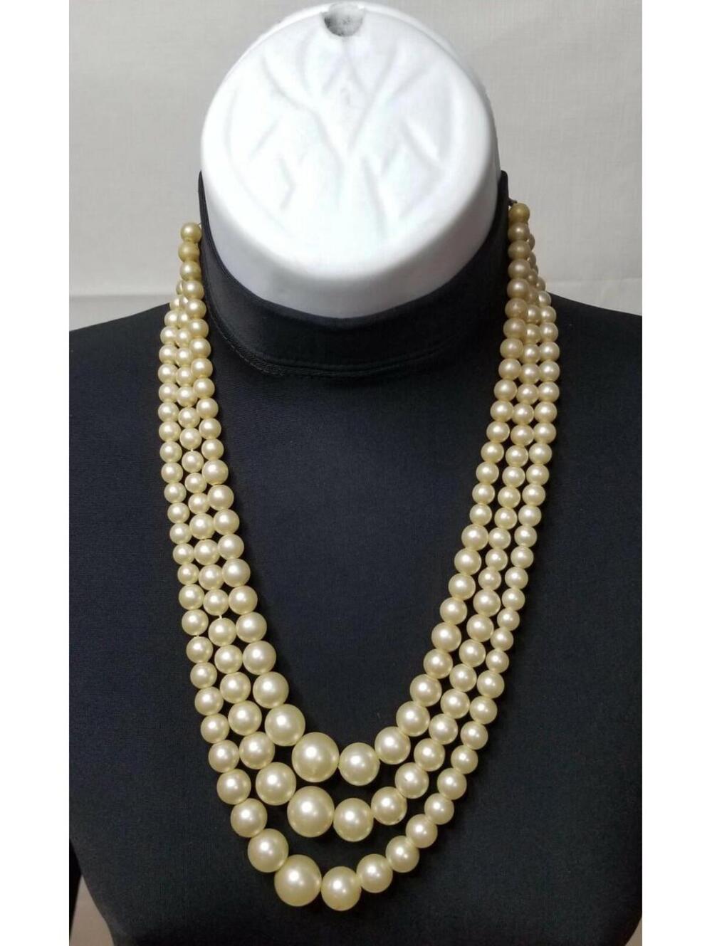 Vintage Mid-Century Multi-strand 3 Faux Graduating Pearls stamped from Hong Kong